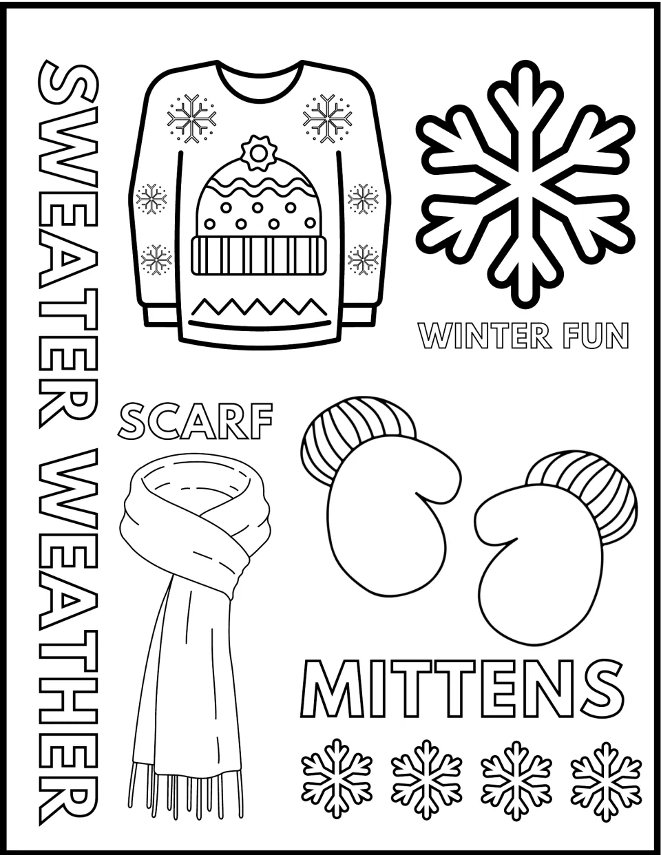 Sweater Weather coloring page: students color a winter sweater, scarf, mittens and snowflakes labeled SCARF and MITTENS