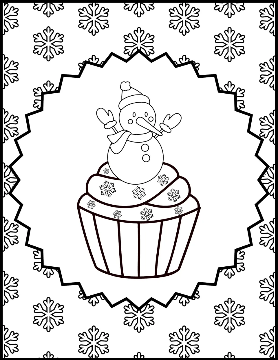 Snowman cupcake coloring page: students color a cupcake topped by a snowman in a hat on a snowflake background