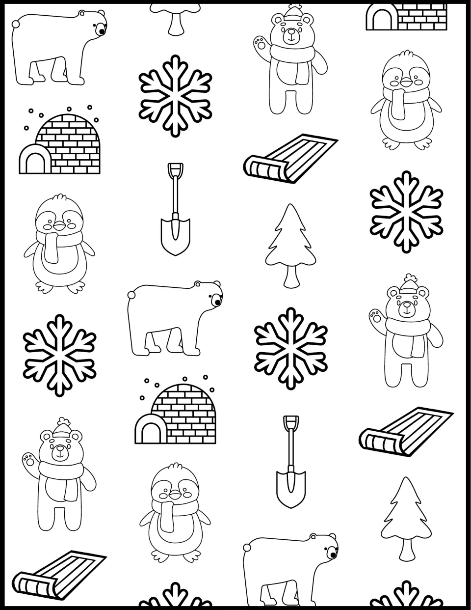 Snowy pattern coloring page: students color polar bears, penguins, igloos, sleds, shovels, trees and snowflakes