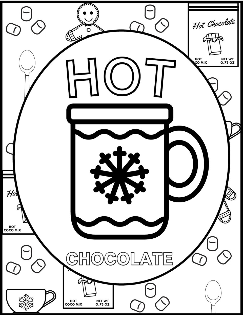 Hot chocolate coloring page: students color a snowflake mug, cocoa mix packets, marshmallows and spoons