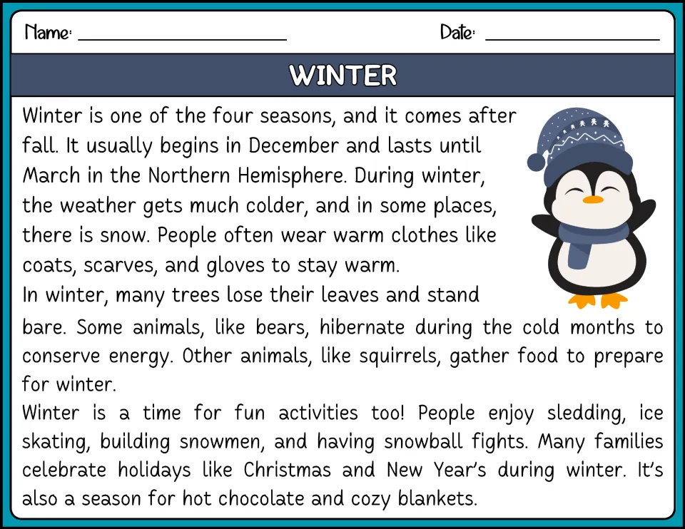 Winter reading passage in color: students read about the season, hibernating bears, squirrels storing food and snow fun