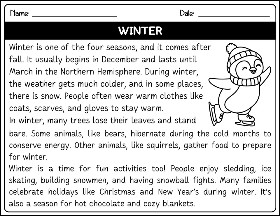 Black-and-white winter passage on seasons, bare trees, bear hibernation and sledding, with a skating penguin drawing