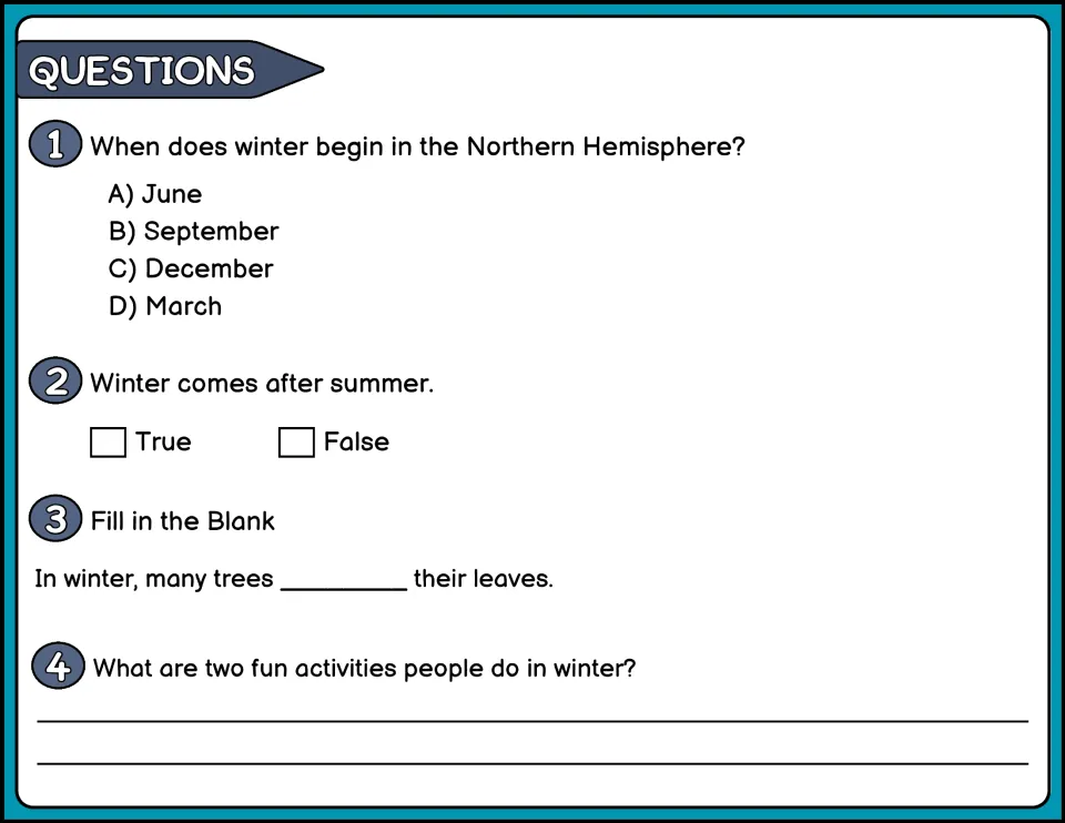 Color comprehension questions 1-4: multiple choice on when winter begins, true/false, fill in the blank and a short answer
