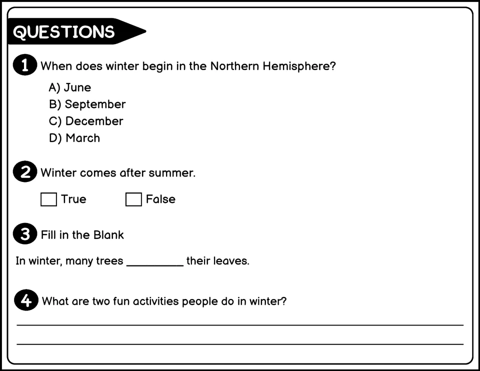 Printer-friendly questions 1-4 about winter: pick the start month, judge true or false, fill a gap, name two activities