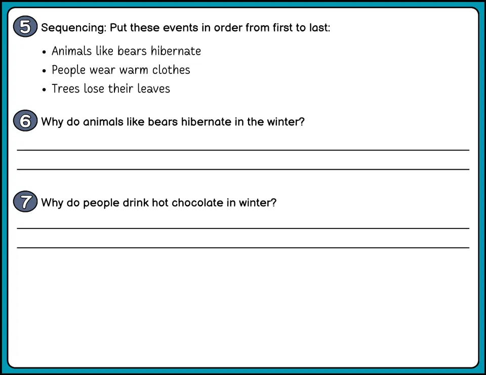 Color questions 5-7: students sequence three winter events, then explain why bears hibernate and why people drink cocoa