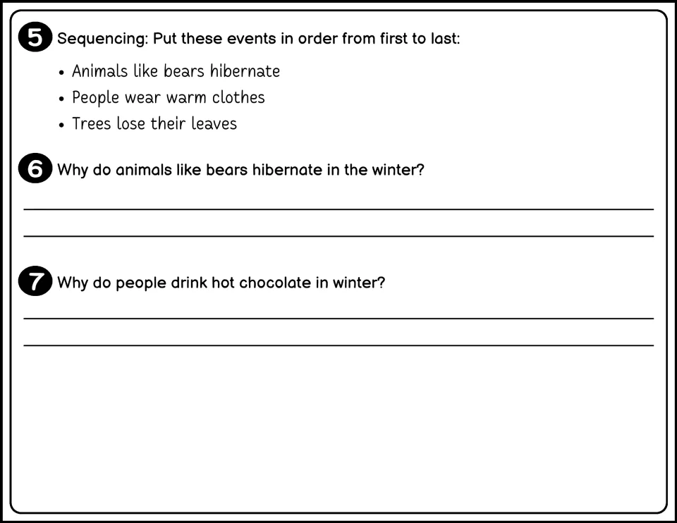 Black-and-white questions 5-7: order events from first to last and write answers on hibernation and hot chocolate