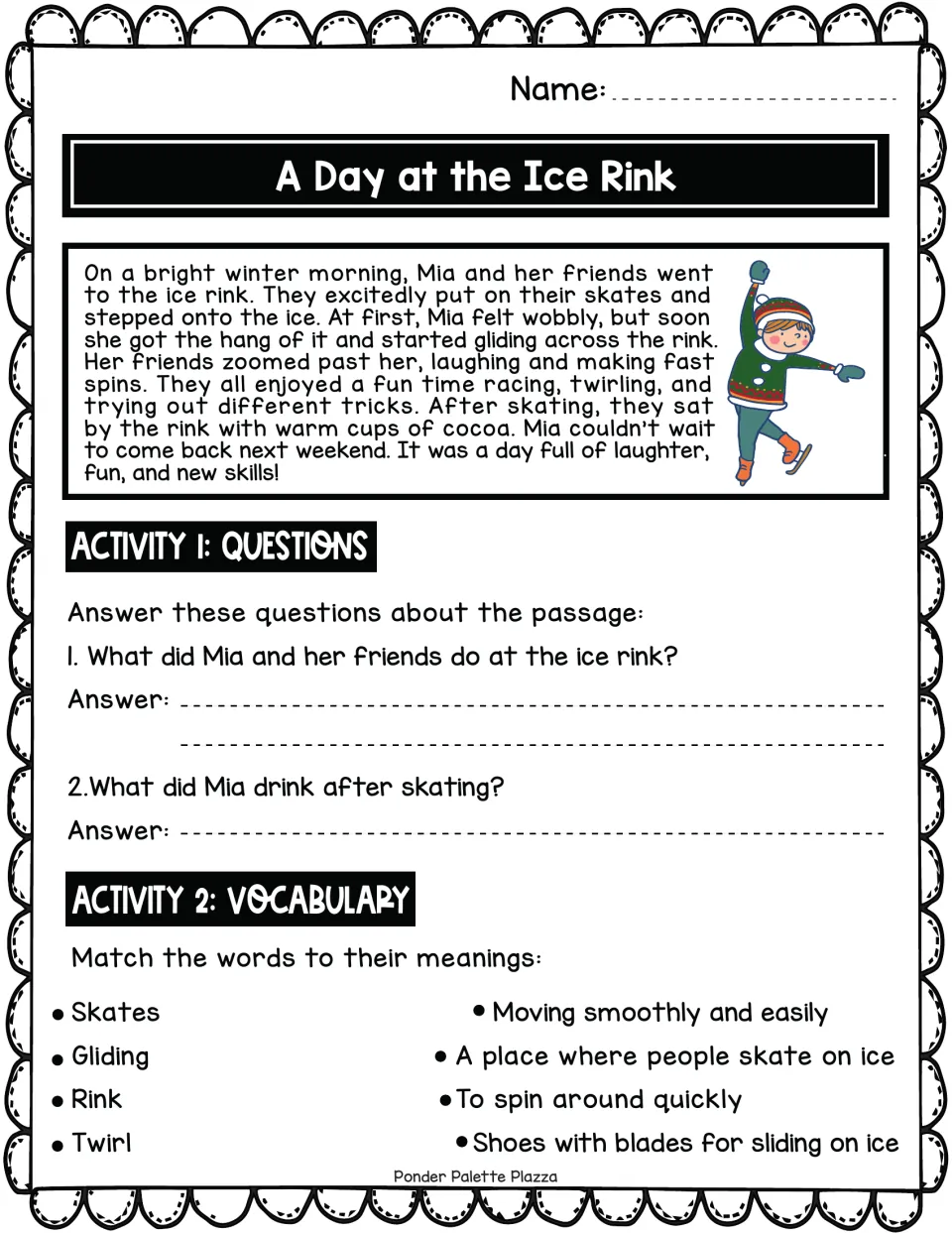 Ice rink reading passage about Mia skating with friends, followed by comprehension questions and vocabulary matching