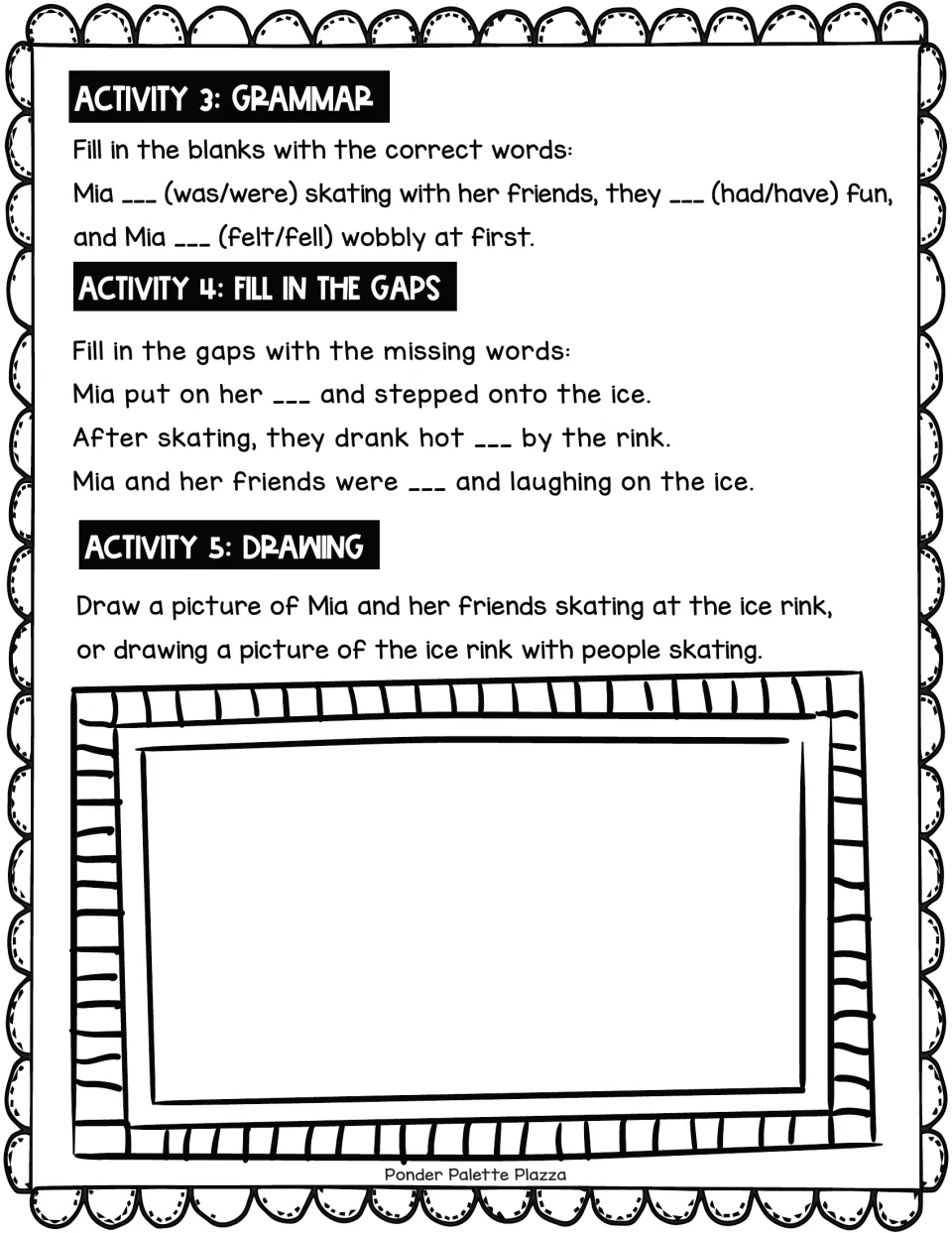 Ice rink story follow-up: choose was/were, had/have, and felt/fell, fill story gaps, and draw a skating scene