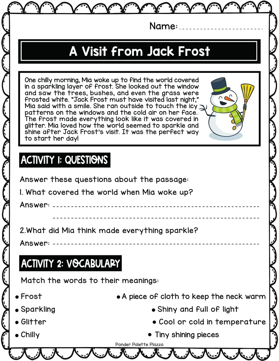 Jack Frost reading passage about Mia seeing frost, with questions and vocabulary: frost, sparkling, glitter, chilly