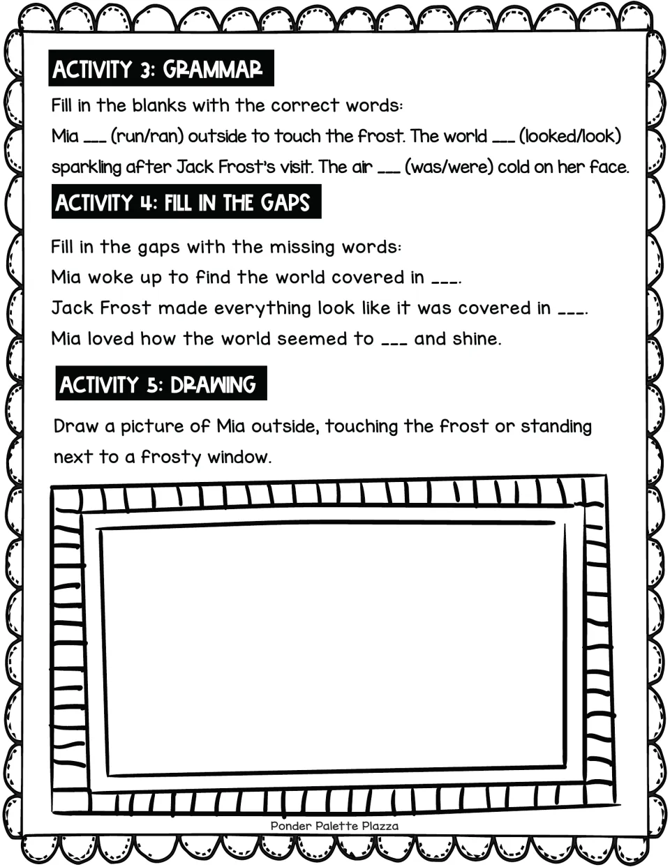 Jack Frost story follow-up: choose ran/ran, looked/look, and was/were, fill gaps, and draw Mia near frost