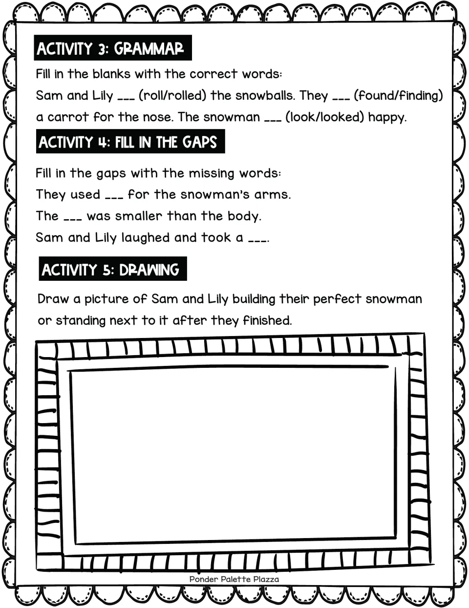 Snowman story follow-up: grammar choices, gaps about sticks, a head, and a picture, plus a Sam and Lily drawing prompt