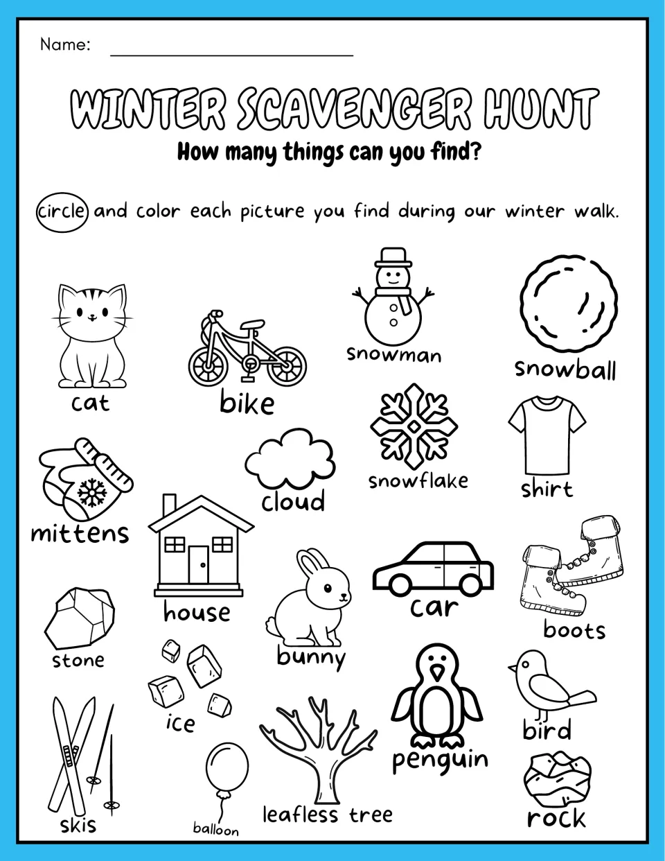 Picture hunt: students circle and color each of 20 labeled items they find on a walk, such as a snowman, mittens and a bird