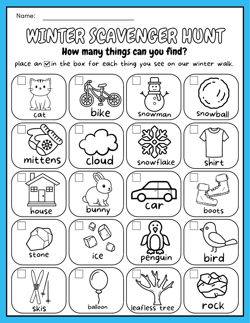 Checklist hunt: students check off 20 labeled pictures, like cat, snowflake, boots and penguin, as they spot them