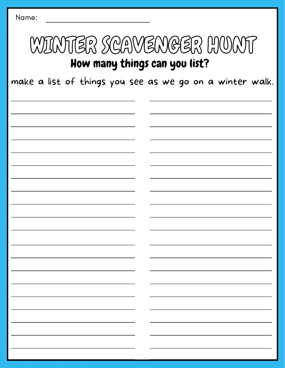 Winter walk observation list: students write down the things they see as the class goes on its walk outdoors