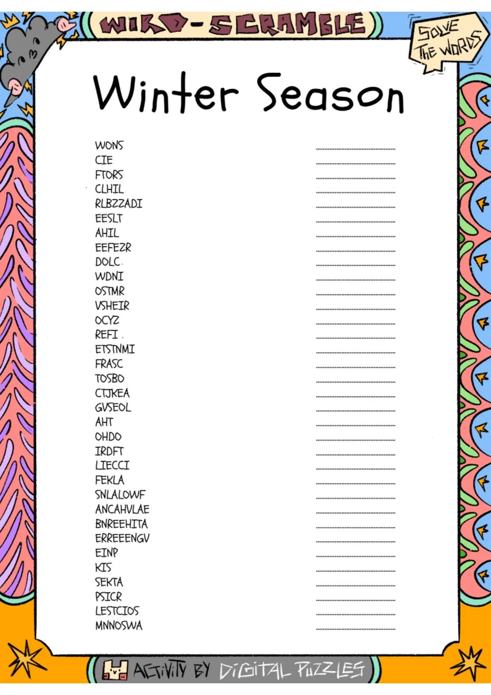 Winter Season word scramble: students unscramble 34 winter words such as WONS, CIE and RLBZZADI