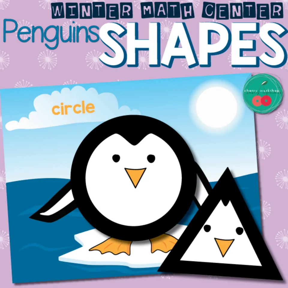Penguins Shapes cover: a circle penguin on a puzzle mat labeled 'circle', with a triangle penguin piece