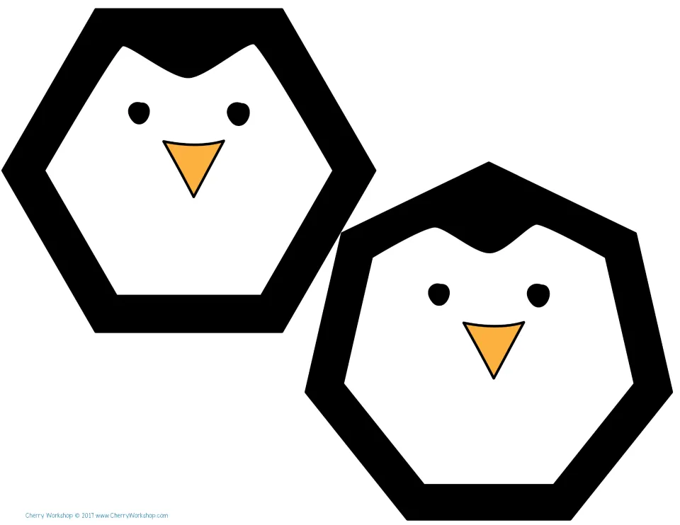 Hexagon and heptagon penguins, black cut-out pieces that match the hexagon and heptagon puzzle mats