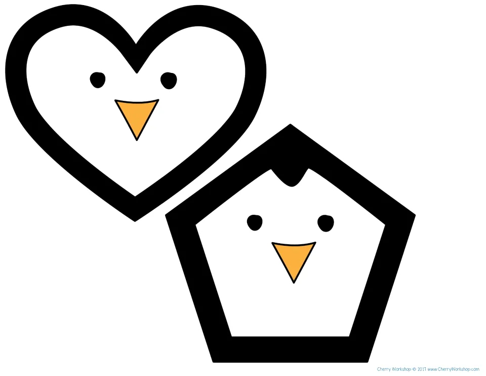 Heart and pentagon penguins in black, cut-out pieces for placing on the matching shape puzzle mats
