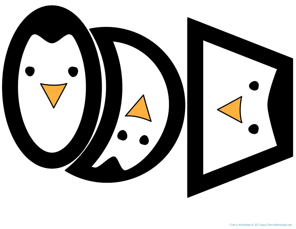 Oval, crescent moon and trapezoid penguins in black, shape pieces for the winter puzzle mats