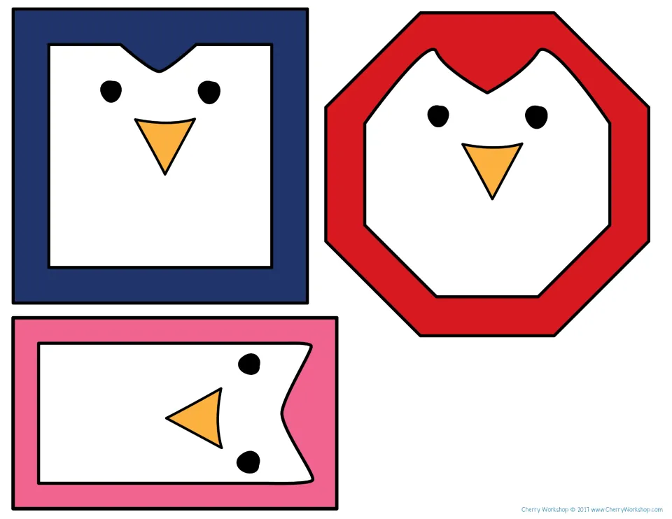 Color-assisted penguin pieces: a blue square, red octagon and pink rectangle for the color puzzle mats