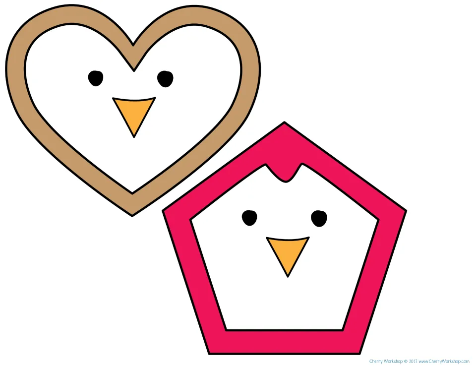 Color shape penguins to cut out: a tan heart penguin and a magenta pentagon penguin