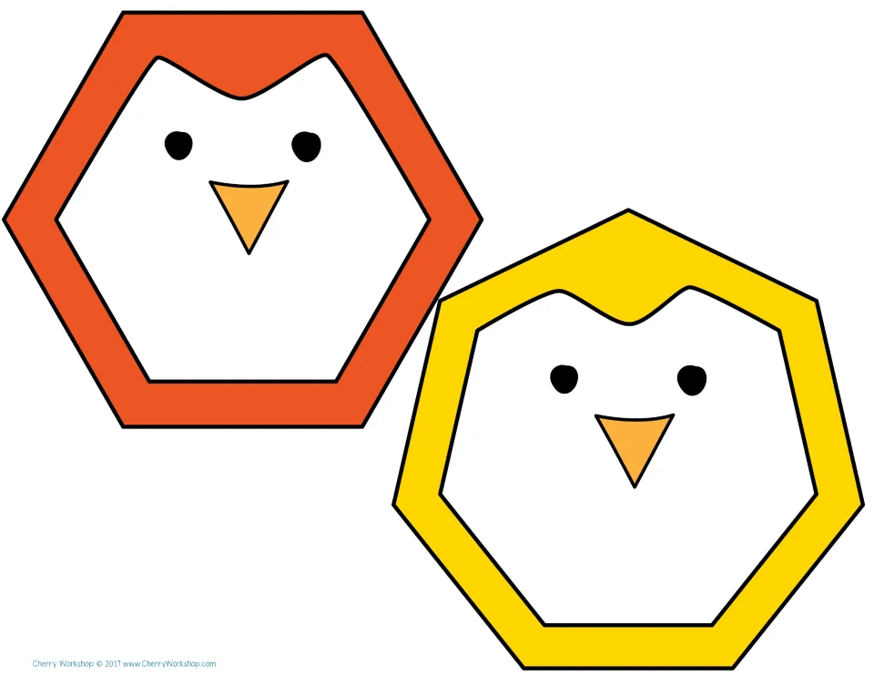 Orange hexagon and yellow heptagon penguins from the color-assisted set of shape puzzle pieces