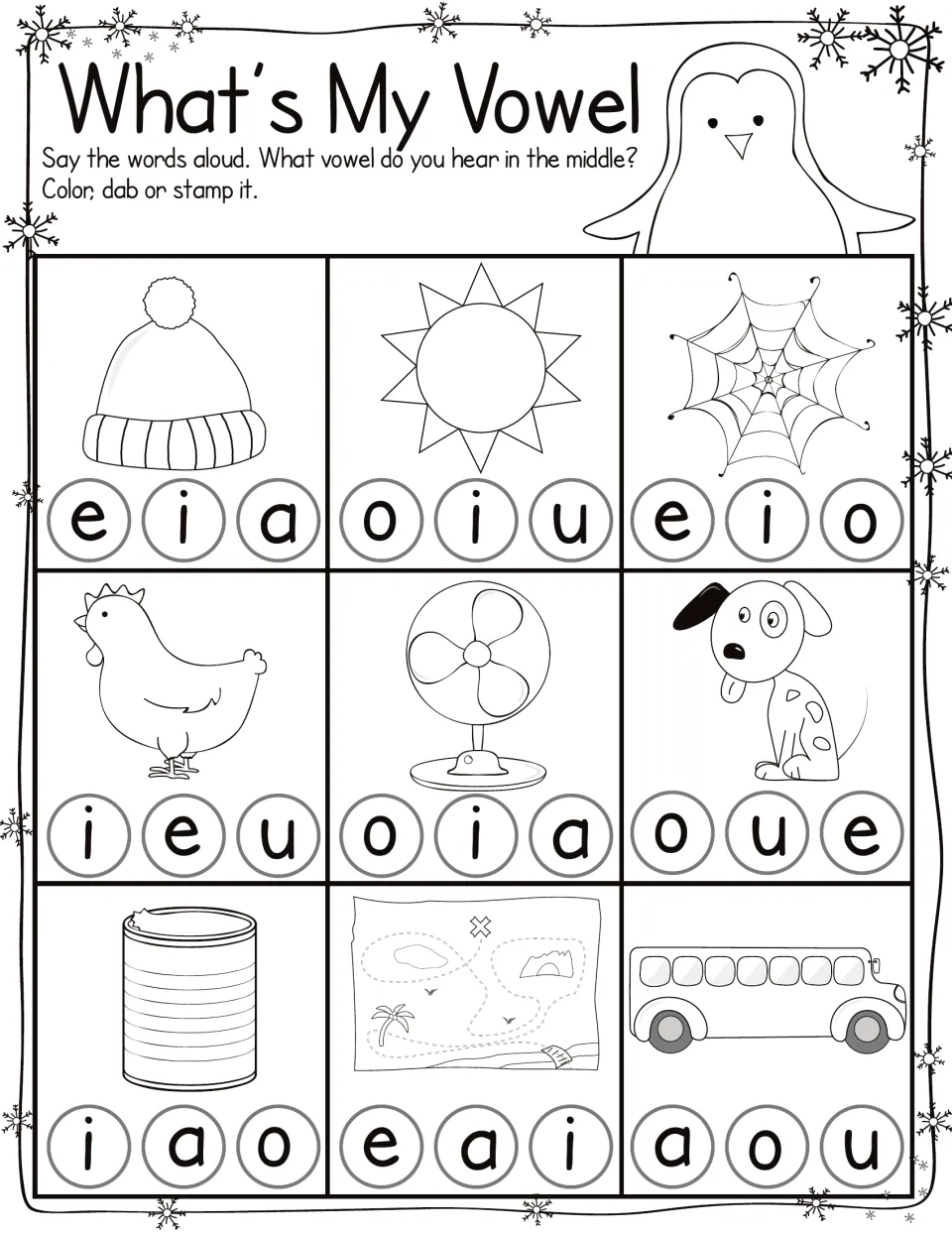 Short-vowel practice: choose the middle vowel for hat, sun, web, hen, fan, dog, can, map, and bus.