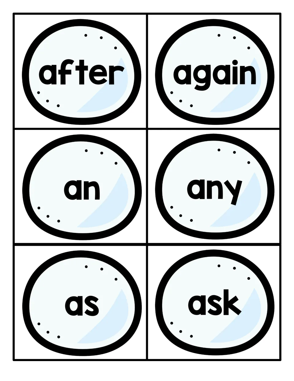 Sight word cards for after, again, an, any, as and ask, each word on a pale blue circle for students to cut out and read