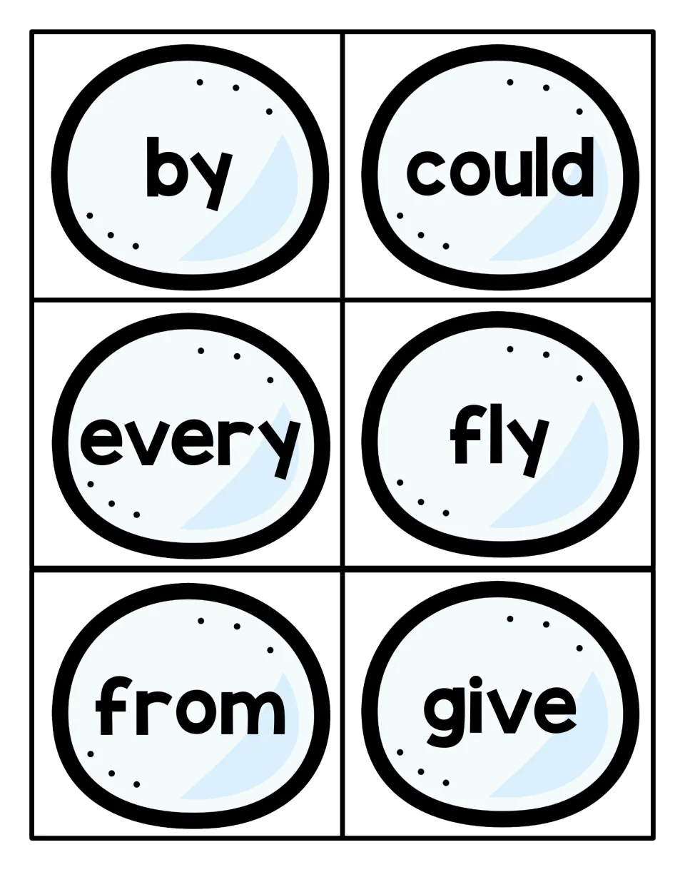Sight words by, could, every, fly, from and give on cut-apart cards that students read aloud during flashcard practice