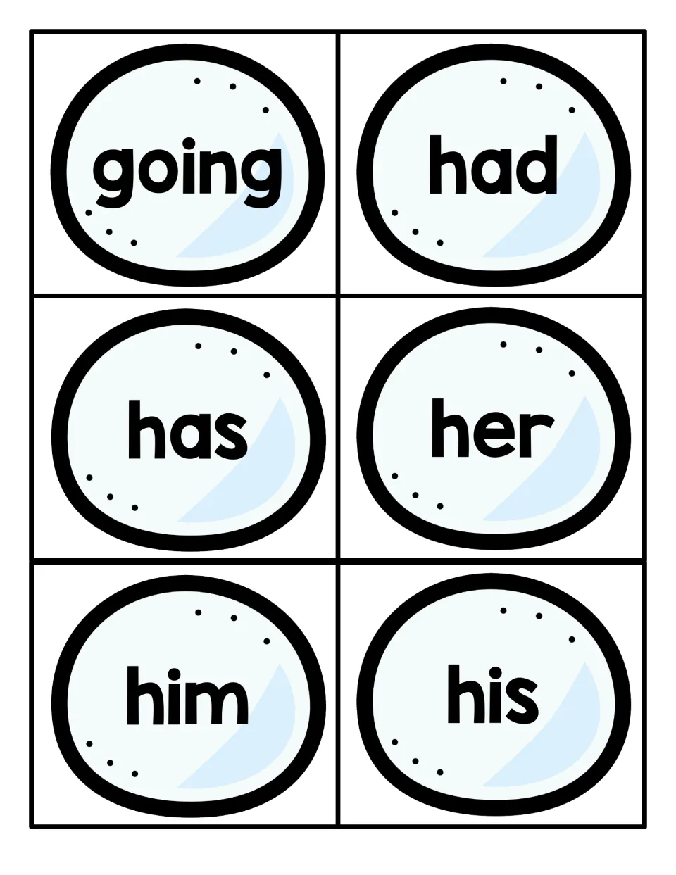 Flashcards with the sight words going, had, has, her, him and his for students to cut out and practise reading on sight