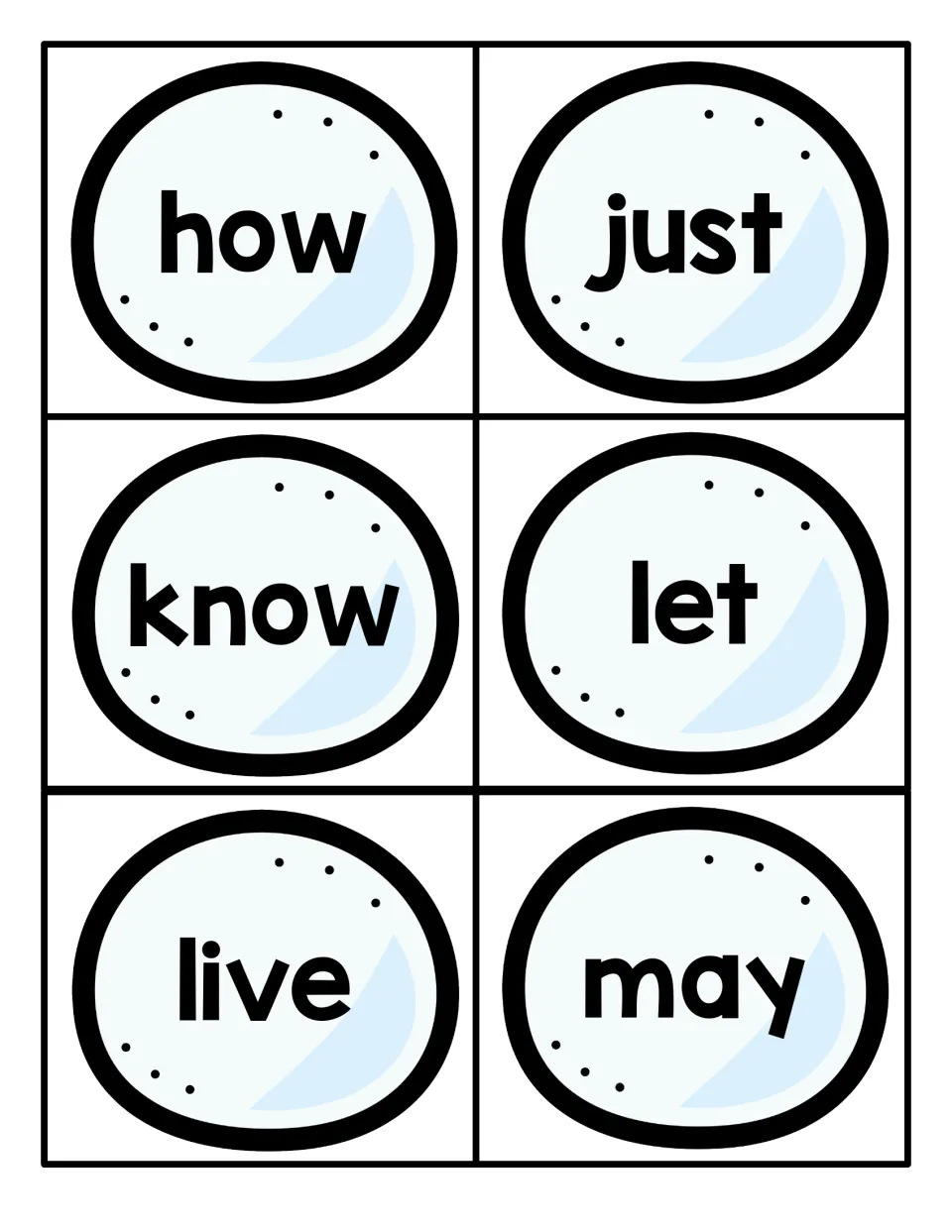Sight word cards: how, just, know, let, live and may, printed in large bold letters for students to read in a quick drill