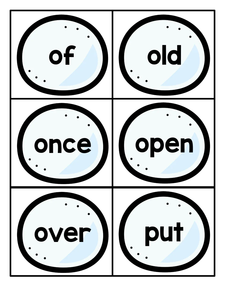 Cut-apart word cards for of, old, once, open, over and put, used by students to practise recognising high-frequency words