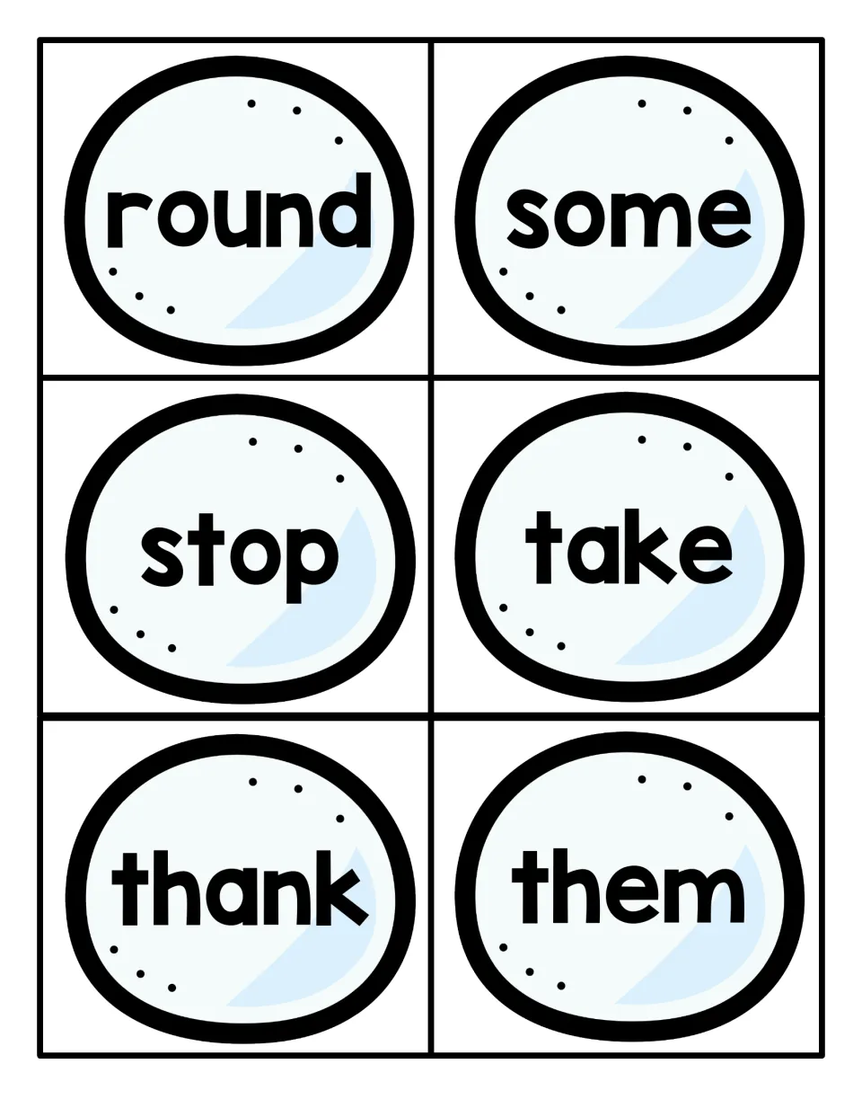 Sight word set of round, some, stop, take, thank and them on pale blue cards that students cut out and read as flashcards