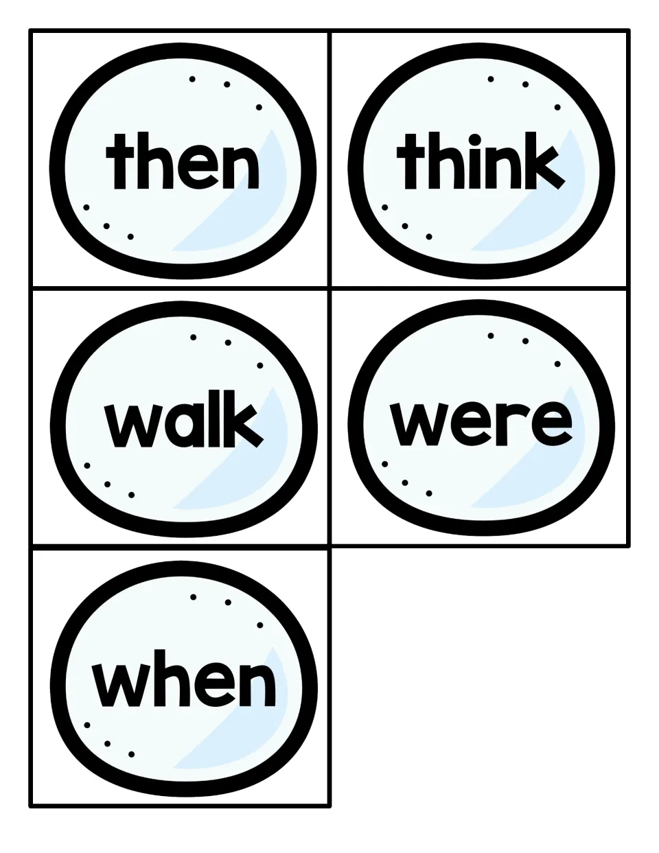 Last five sight word cards: then, think, walk, were and when, for students to cut out and add to their flashcard set