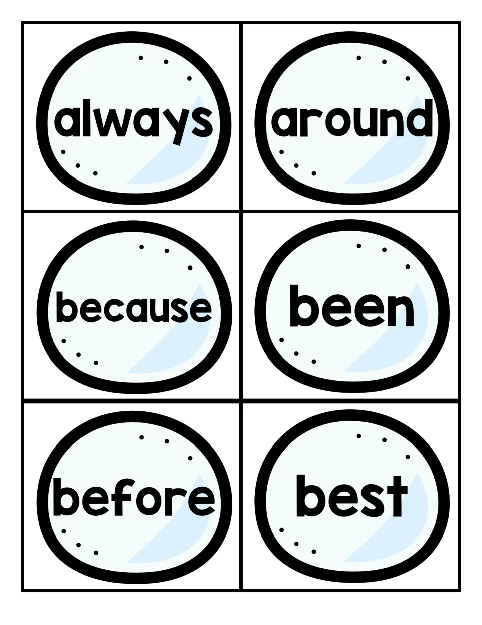 Sight word flash cards: always, around, because, been, before and best, each printed on a pale blue snowball to read