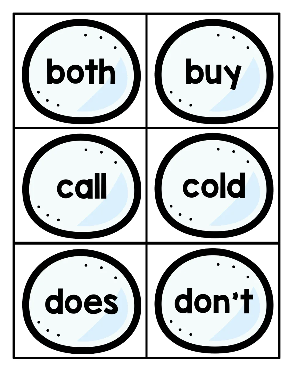 Sight word cards for both, buy, call, cold, does and don't, on six snowballs for practising quick word recognition