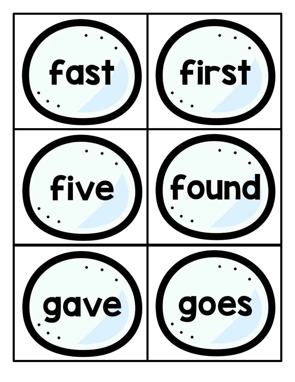 Snowball word cards for fast, first, five, found, gave and goes, for students to read aloud and recognise on sight