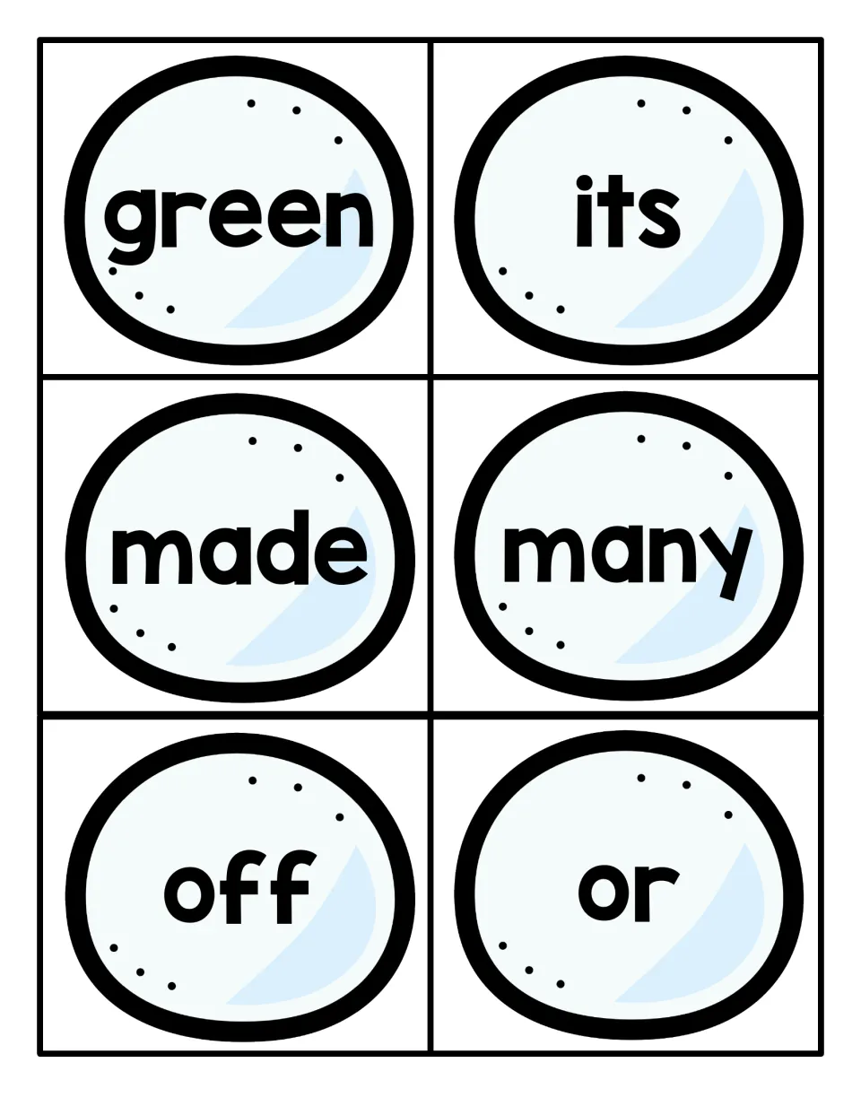 High-frequency word cards: green, its, made, many, off and or on snowballs, for sight word reading drills