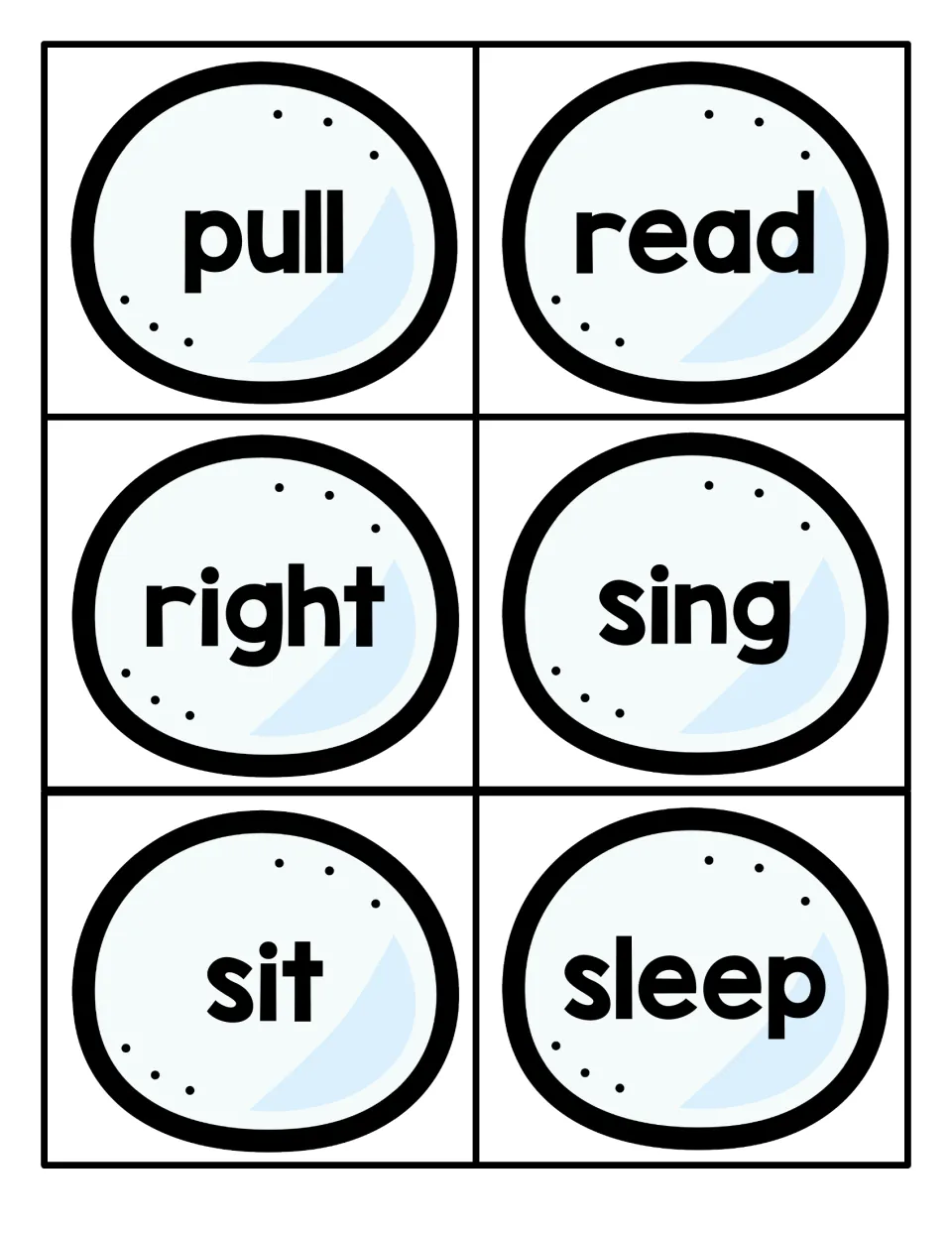 Flash cards with the words pull, read, right, sing, sit and sleep on icy snowballs for sight word reading practice