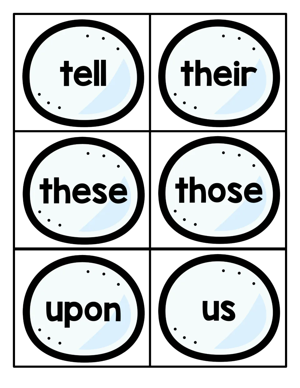 Snowball sight word cards for tell, their, these, those, upon and us, for reading common words quickly and accurately