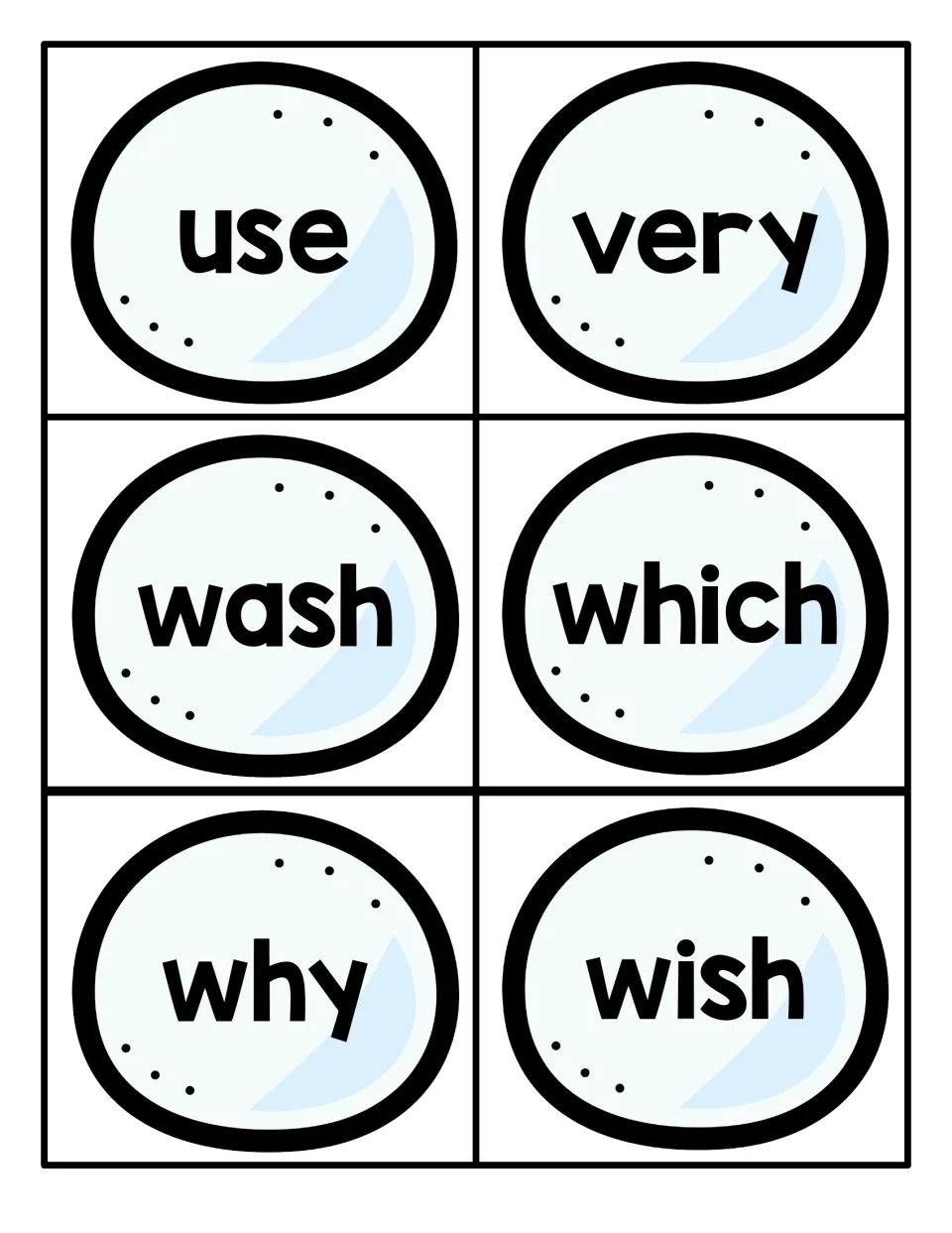 Word cards for use, very, wash, which, why and wish, including wh- words, on snowballs for sight word recognition