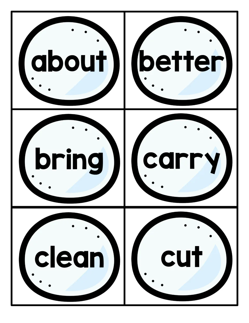 Sight word cards: six cut-apart winter cards for about, better, bring, carry, clean and cut for word reading practice