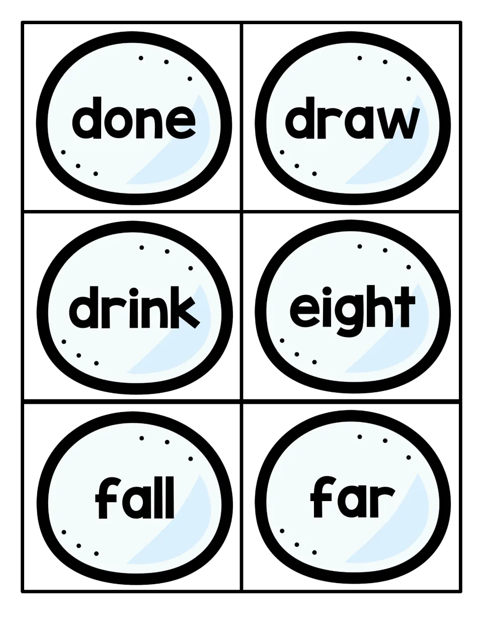 Sight word cards for done, draw, drink, eight, fall and far, each word printed large on a pale blue winter oval to cut out