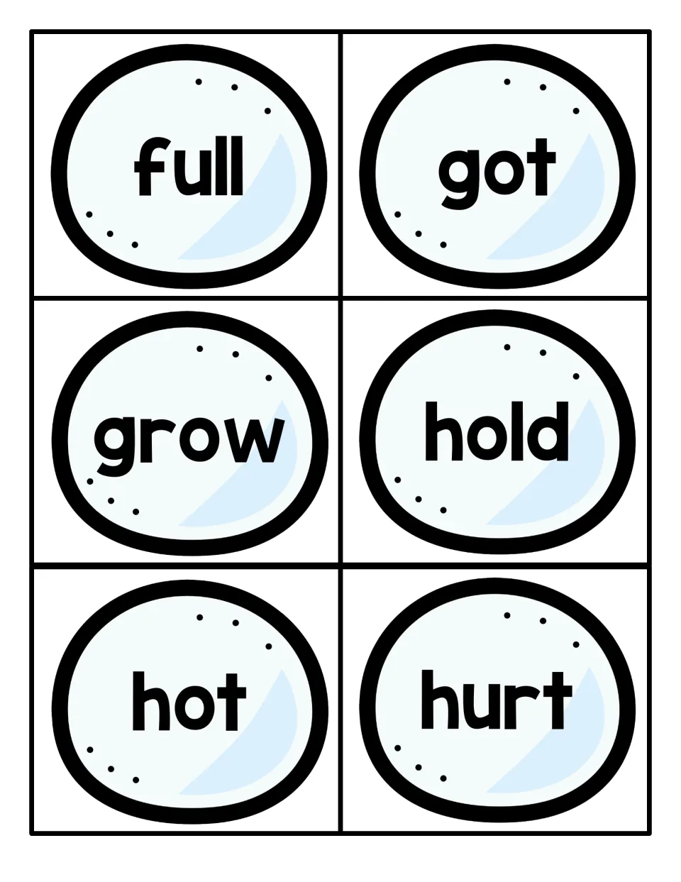 Sight word flashcards showing full, got, grow, hold, hot and hurt in bold print on icy blue ovals for students to read