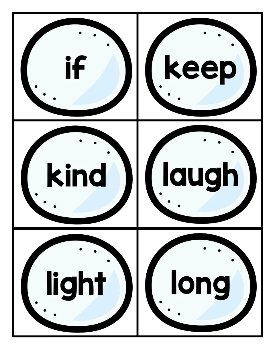 Sight word cards: if, keep, kind, laugh, light and long in large bold letters on winter ovals for reading by sight