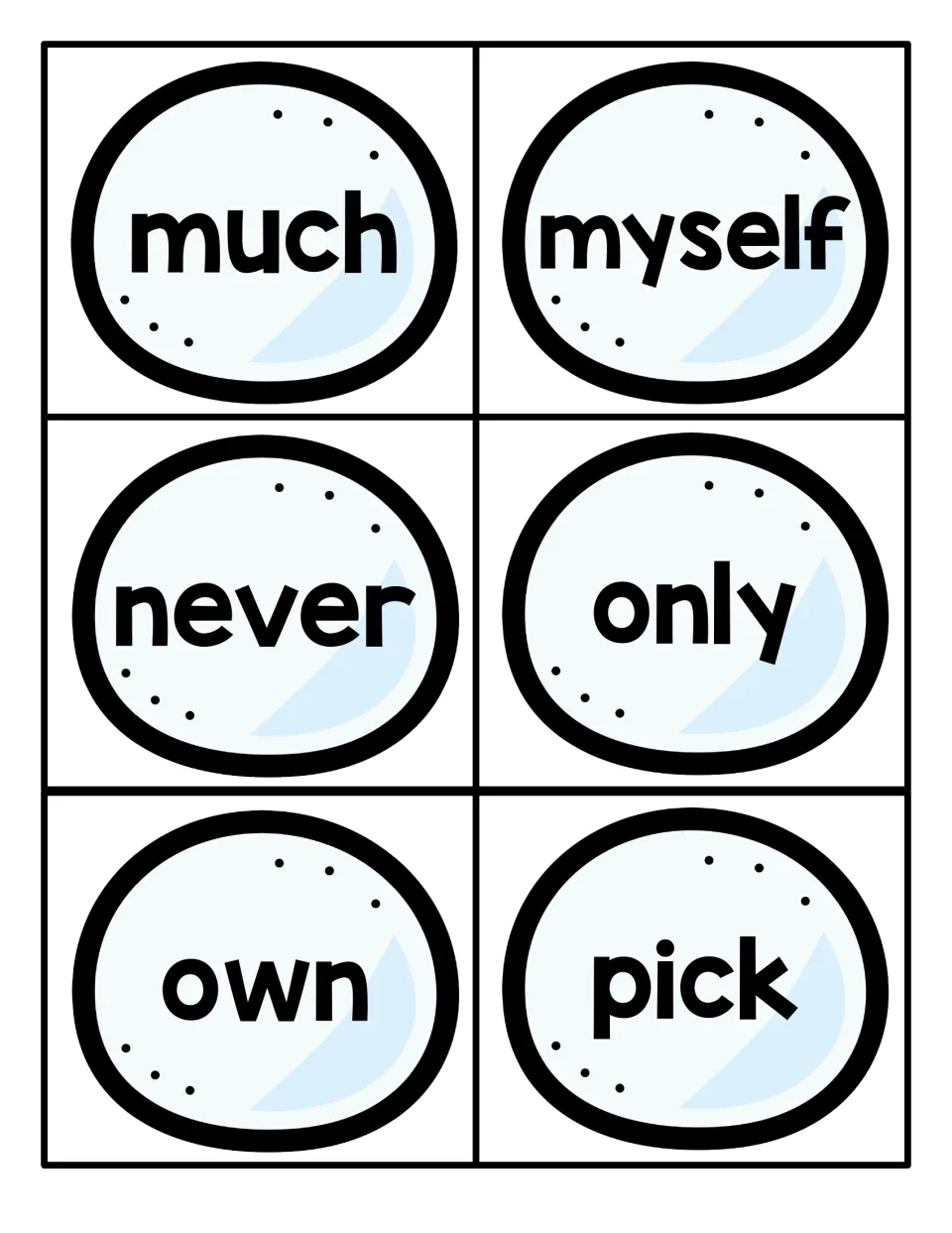 Sight word cards for much, myself, never, only, own and pick, printed on pale blue winter ovals to cut apart and read