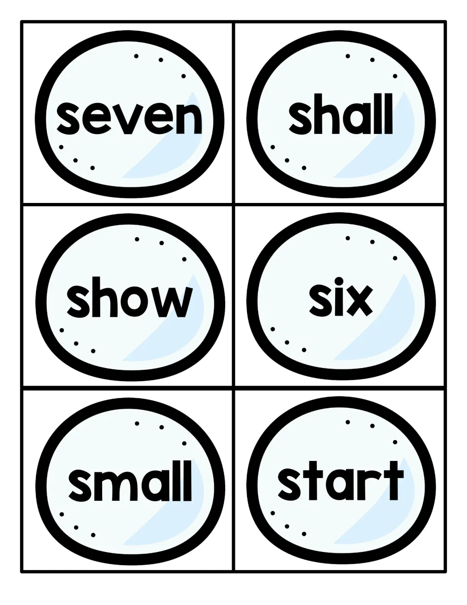 Sight word flashcards for seven, shall, show, six, small and start in bold print on icy blue ovals for word recognition