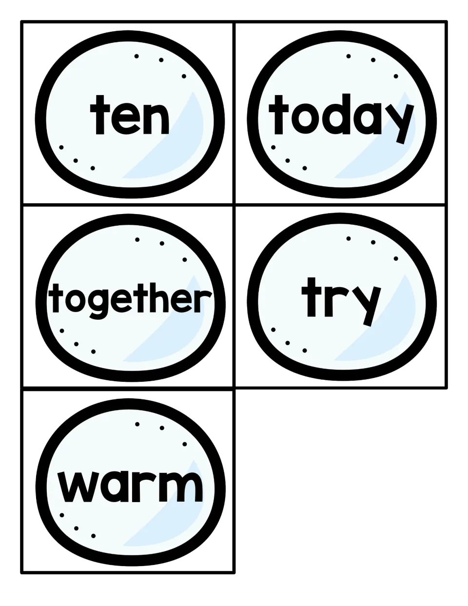 Final sight word cards: ten, today, together, try and warm on pale blue winter ovals, five cards to cut out and read