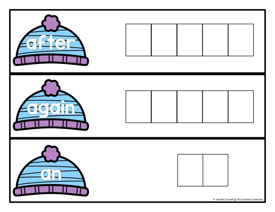 Sight words after, again and an on striped winter hats: students spell each word one letter per space beside it