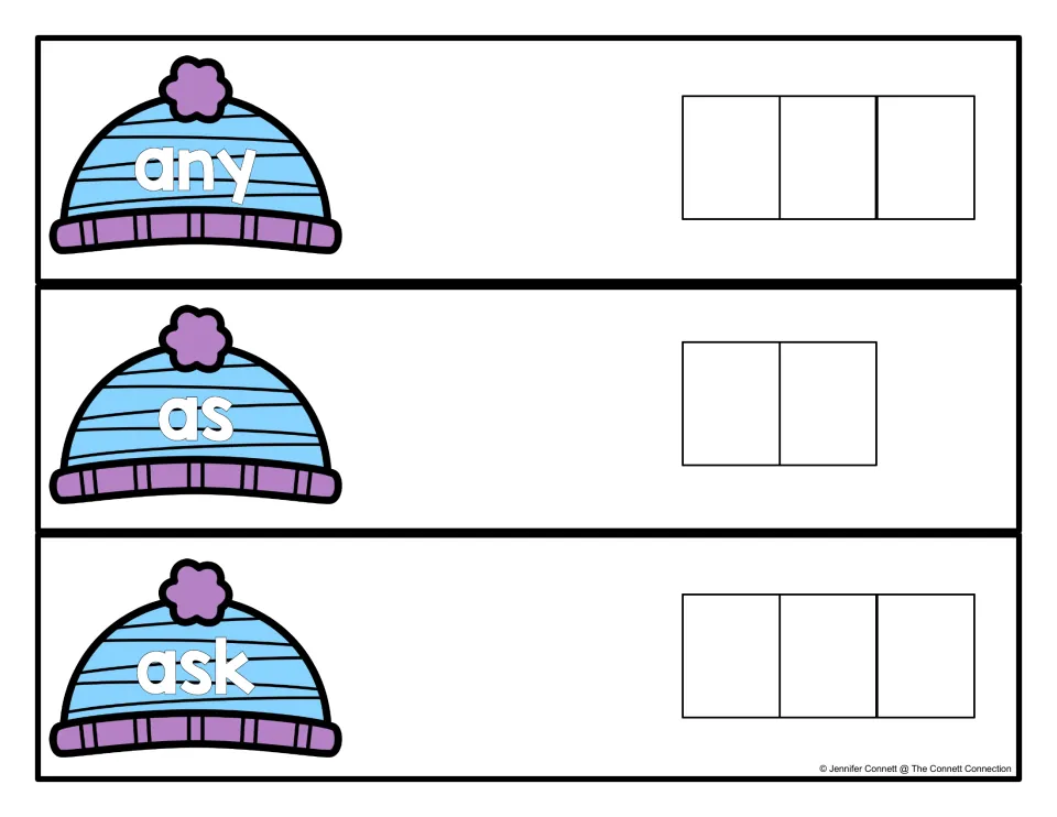 Spelling cards for any, as and ask: each winter hat shows a sight word and students write its letters in the spaces